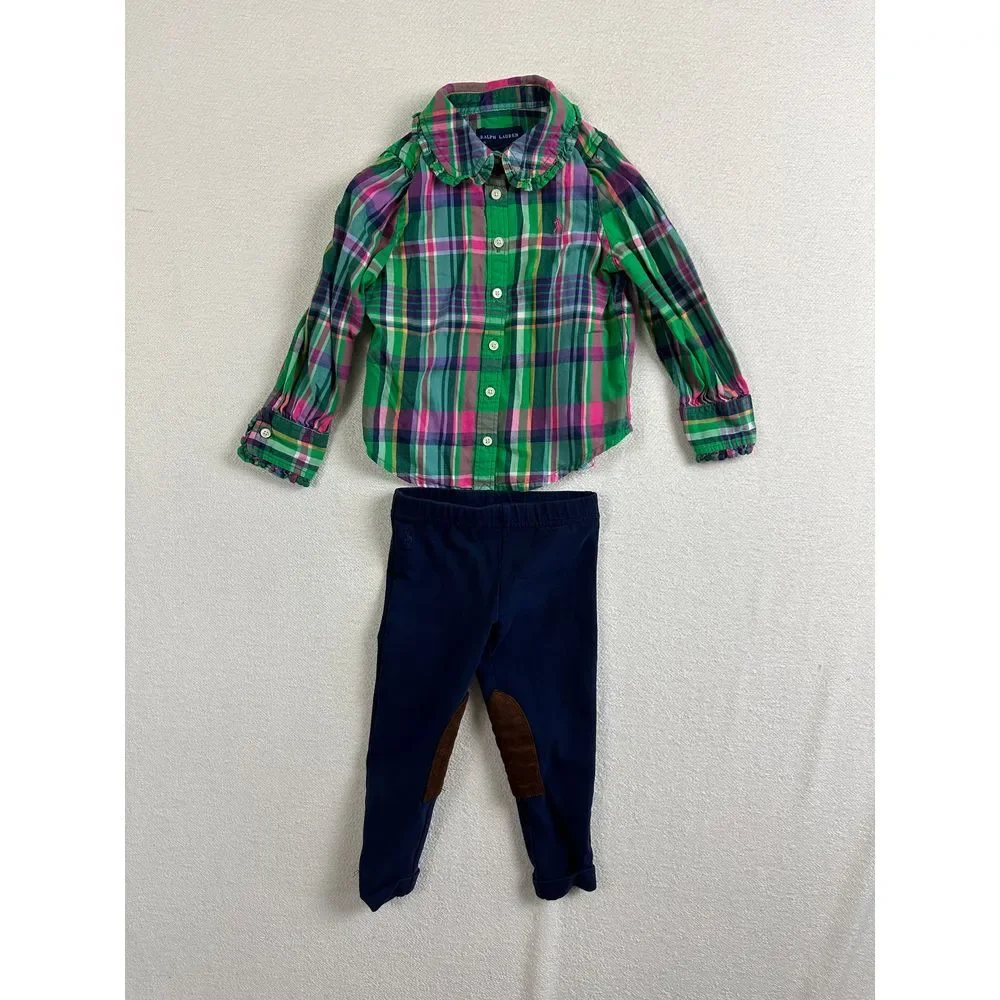 Ralph Lauren Matching Set Girls 2T Plaid Shirt & Navy Jodhpur Pants